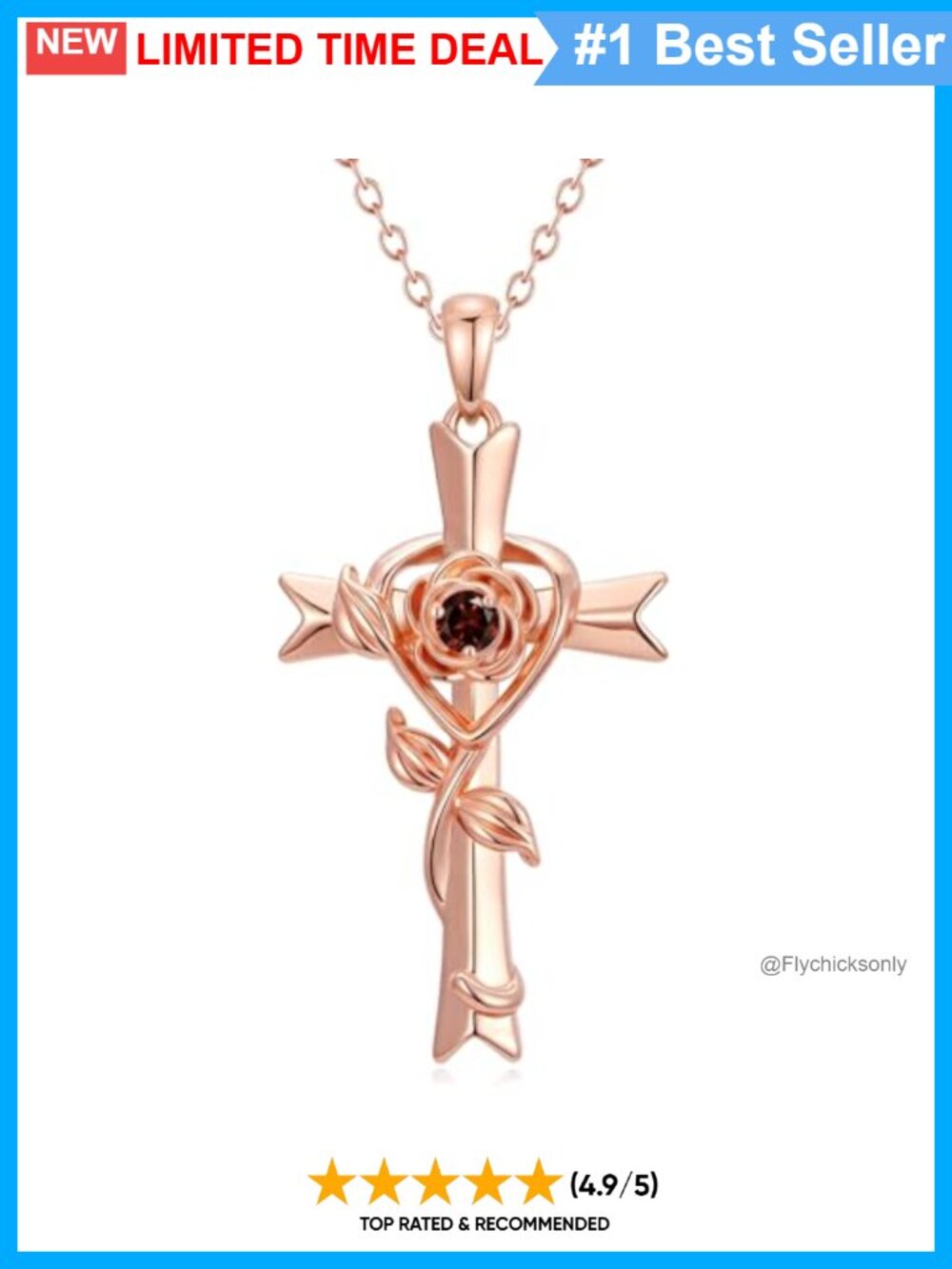 Rose Gold Plated Cross Necklace Birthstone Flower Pendant 18+2 Inch Chain